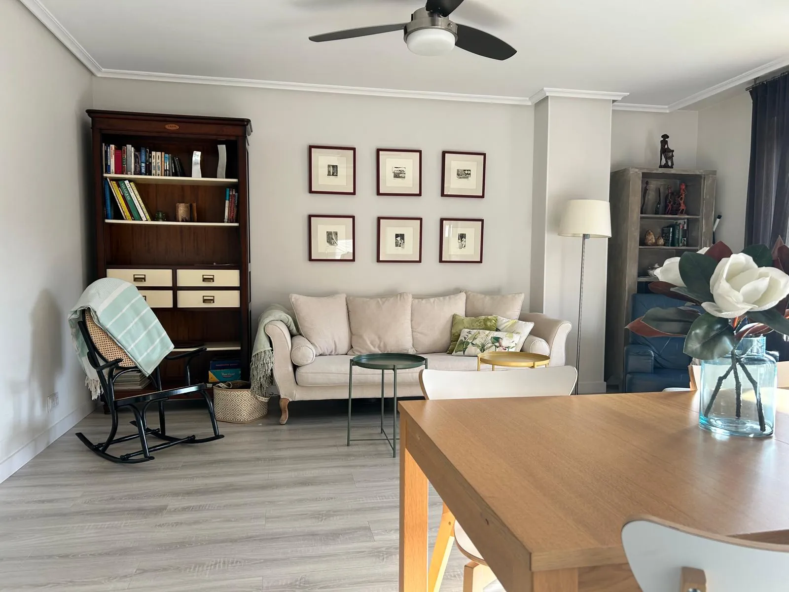 Salón con librería, sofá y mesa de comedor