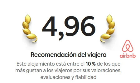 Airbnb: 4,96 de 5. Recomendación del viajero, entre el 10 % de alojamientos mejor valorados